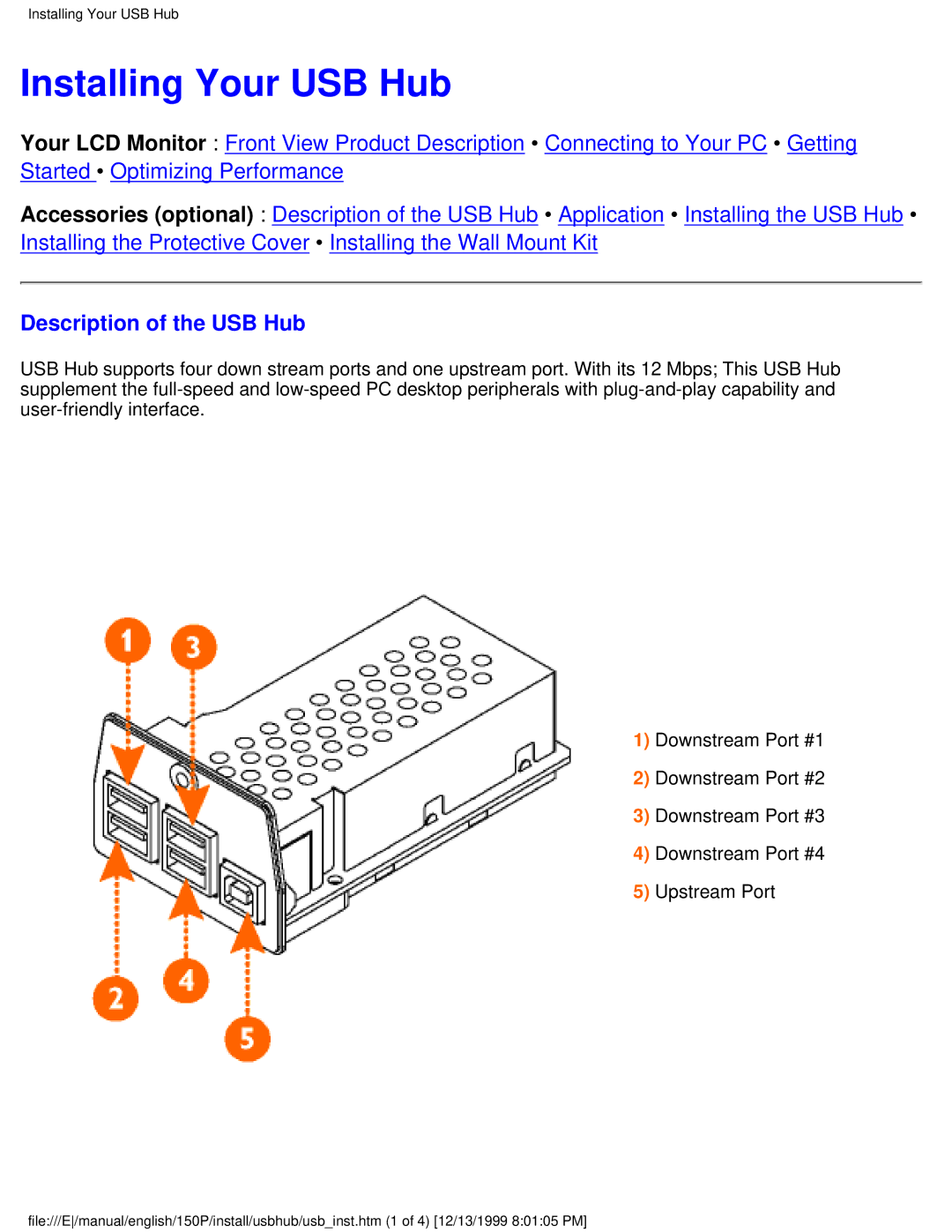 Philips 150P user manual Installing Your USB Hub, Description of the USB Hub 