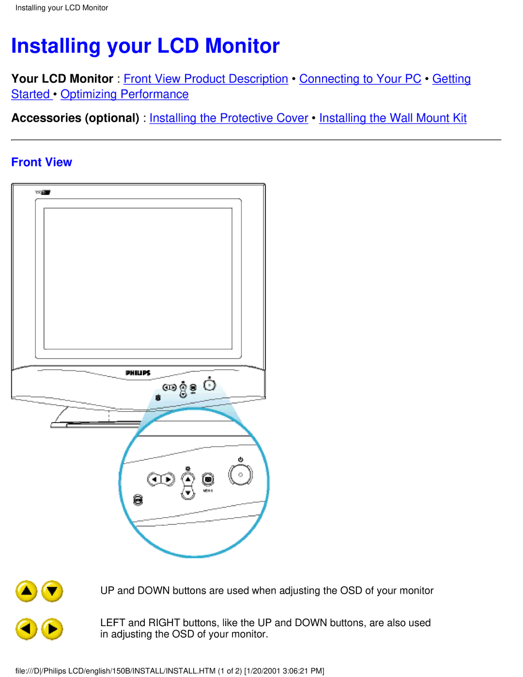 Philips 150P1, 140S1, 150B1 user manual Installing your LCD Monitor, Front View 