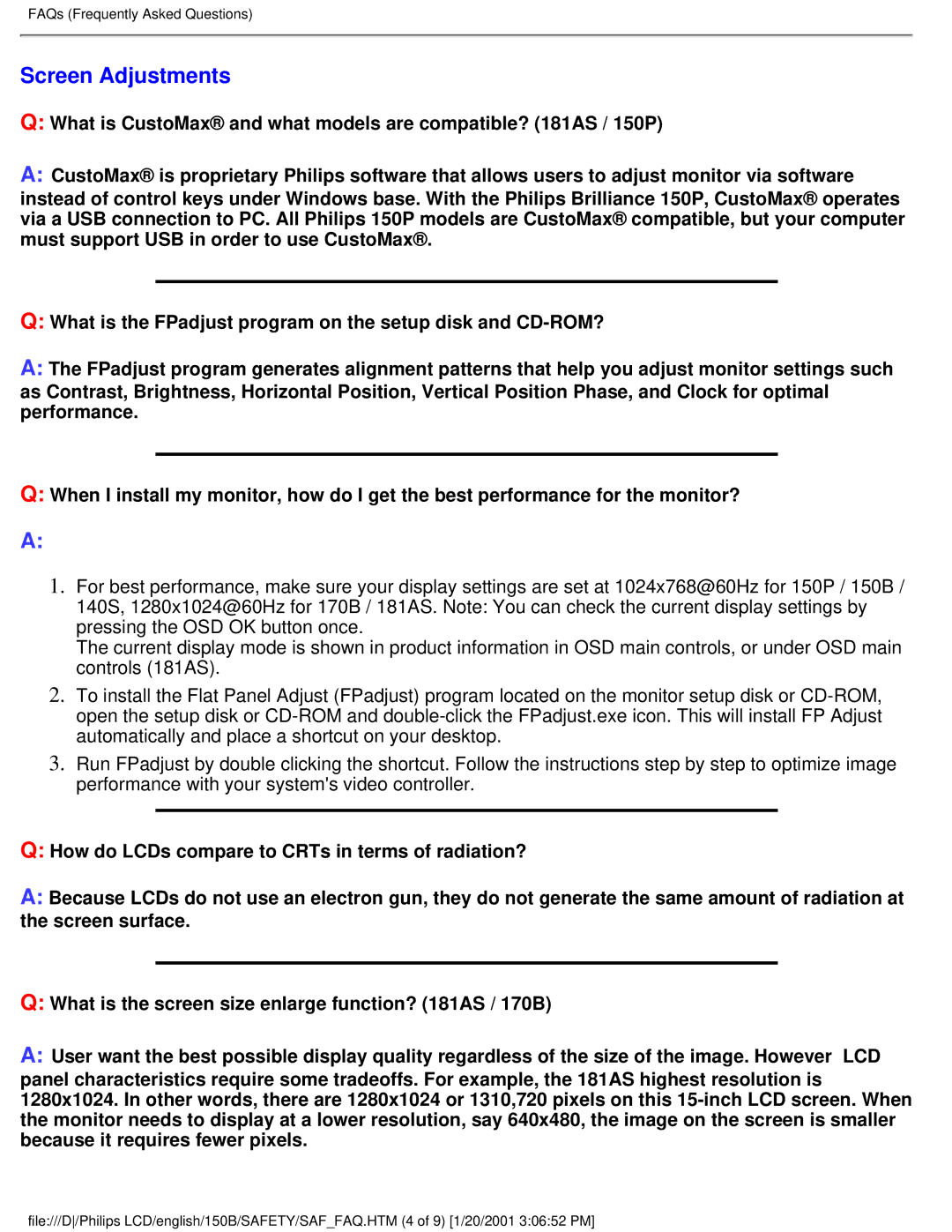 Philips 150B1, 150P1, 140S1 user manual Screen Adjustments 