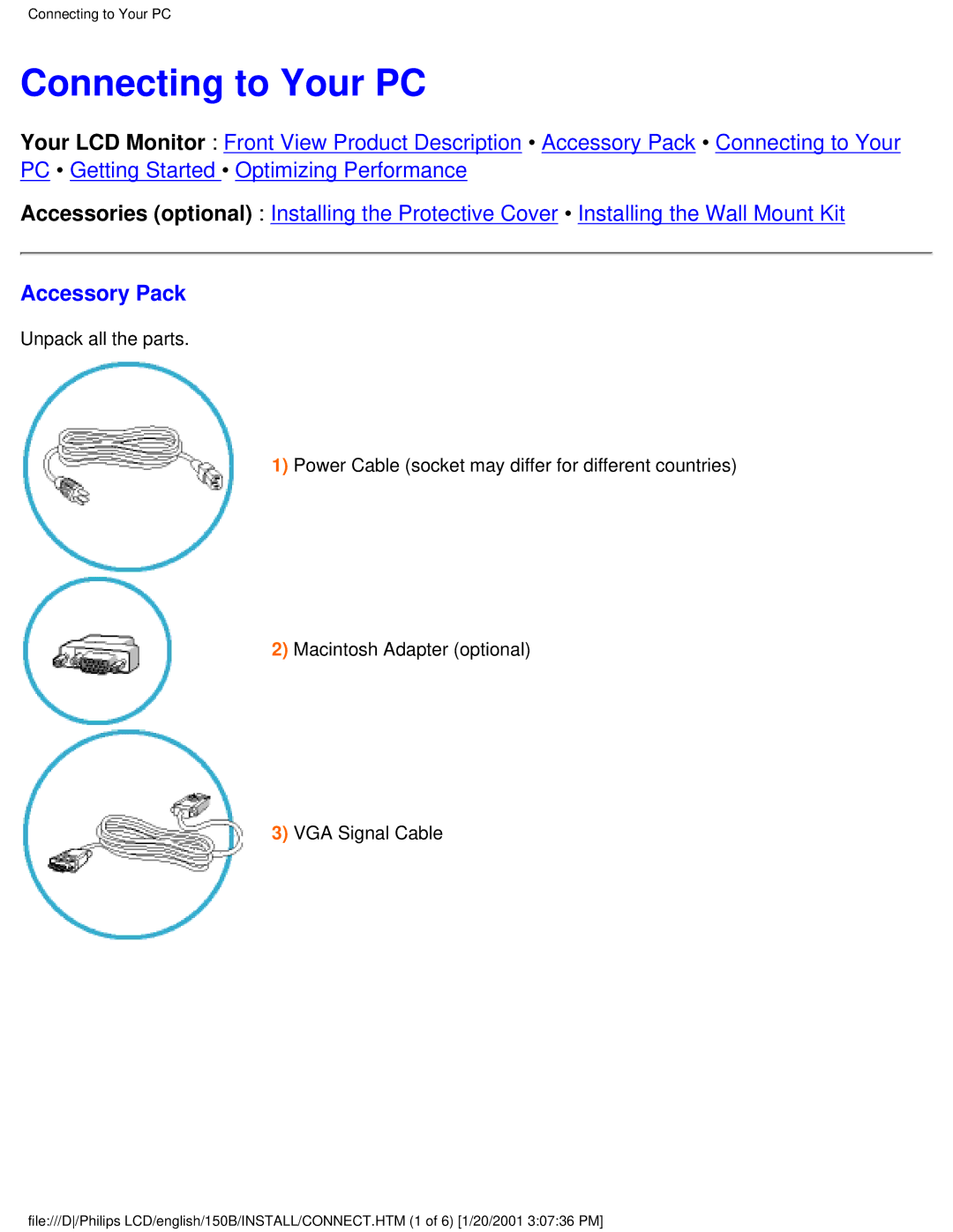 Philips 140S1, 150P1, 150B1 user manual Connecting to Your PC, Accessory Pack 