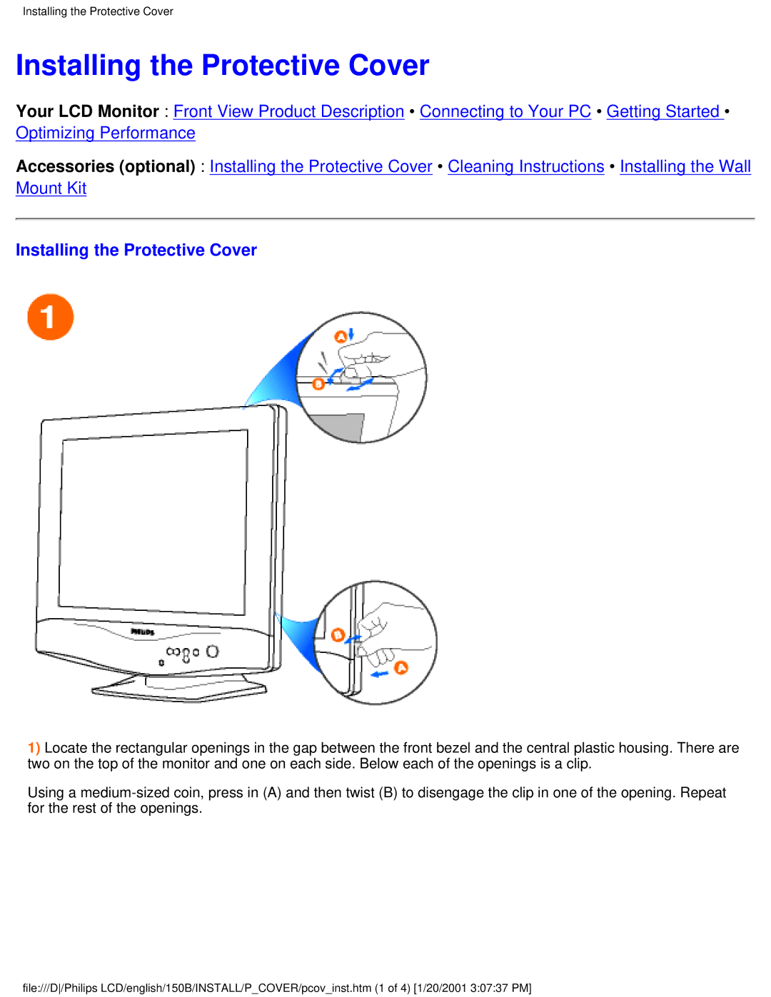 Philips 150B1, 150P1, 140S1 user manual Installing the Protective Cover 