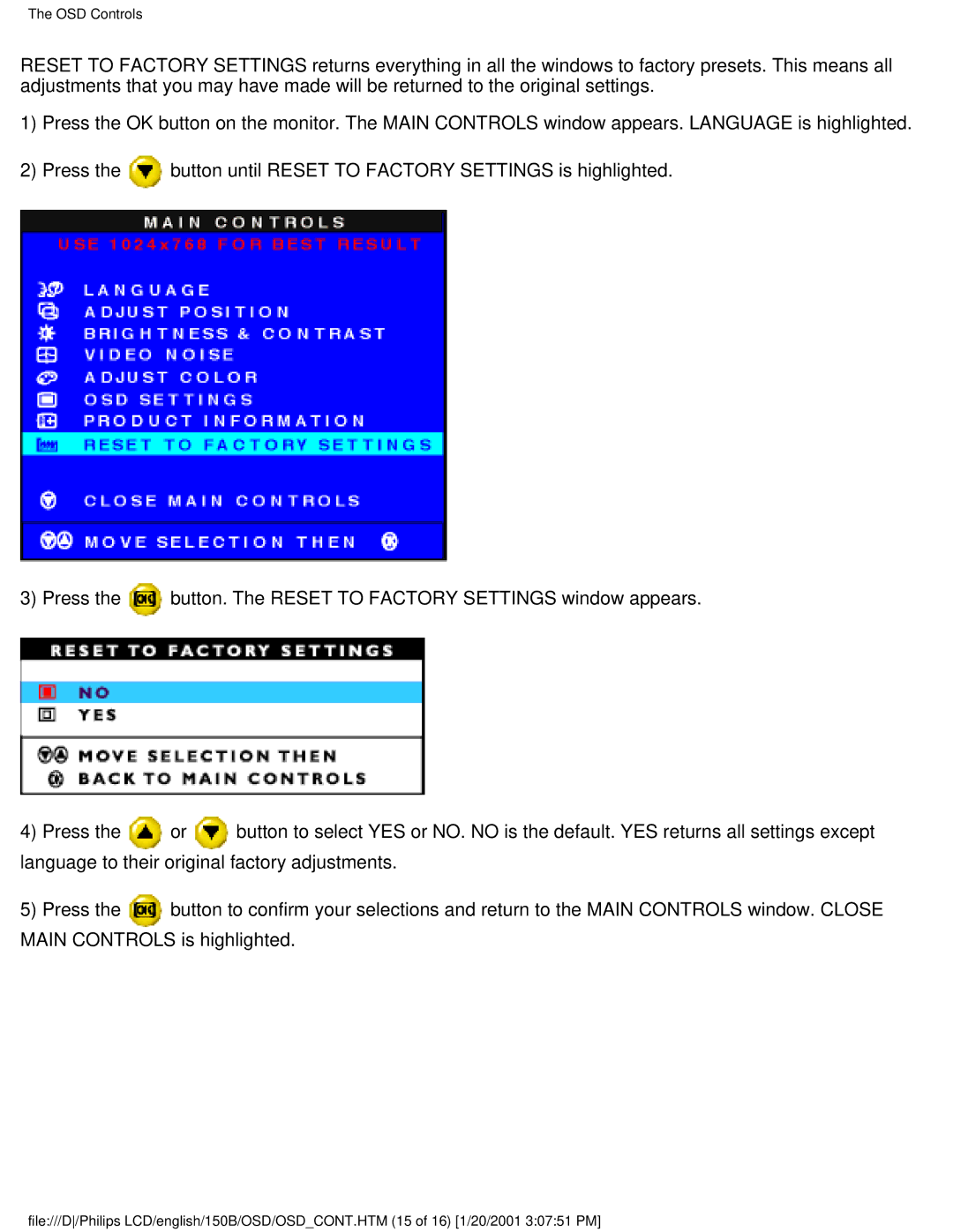 Philips 150B1, 150P1, 140S1 user manual OSD Controls 