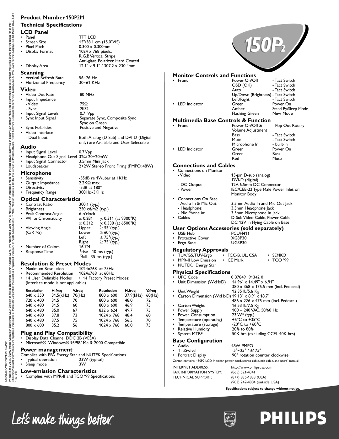 Philips Product Number 150P2M Technical Specifications LCD Panel, Scanning, Video, Audio, Microphone, Power management 