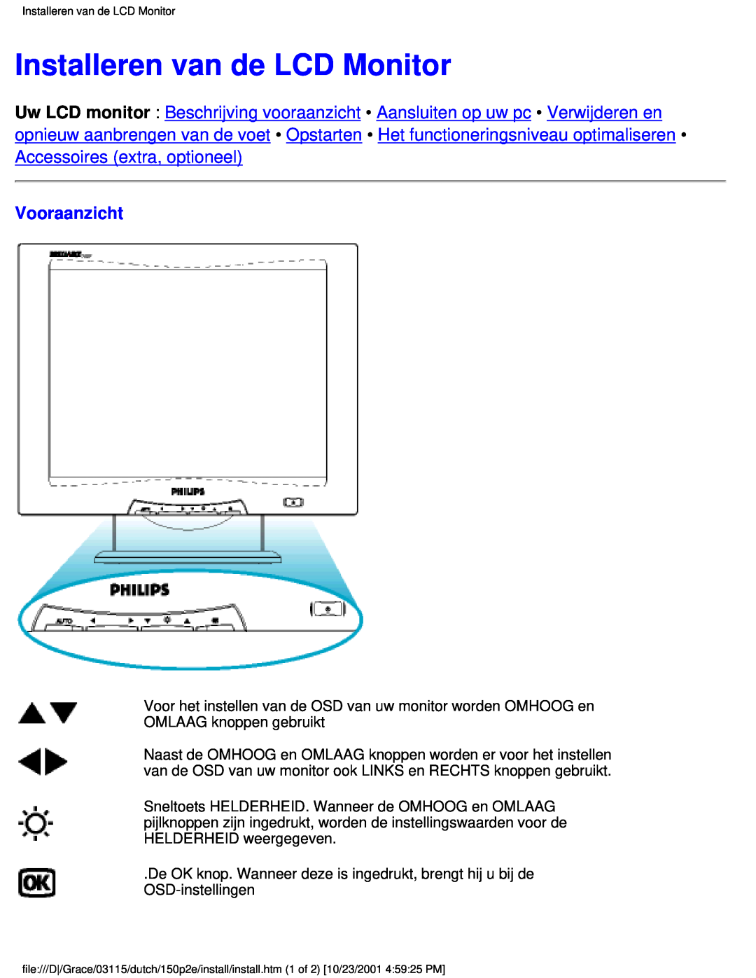 Philips 150P2D user manual Installeren van de LCD Monitor, Vooraanzicht 