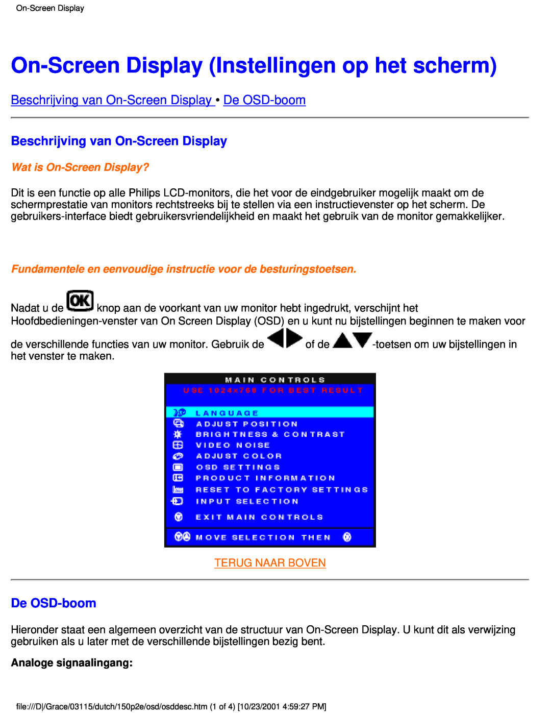 Philips 150P2D user manual On-Screen Display Instellingen op het scherm, Beschrijving van On-Screen Display De OSD-boom 