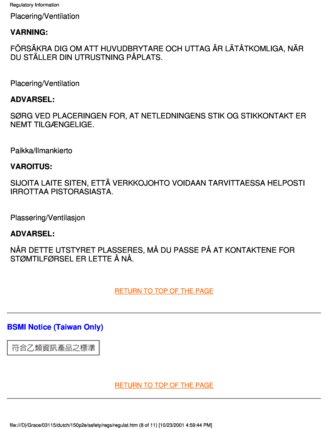 Philips 150P2D user manual Varning, Advarsel, Varoitus, BSMI Notice Taiwan Only 