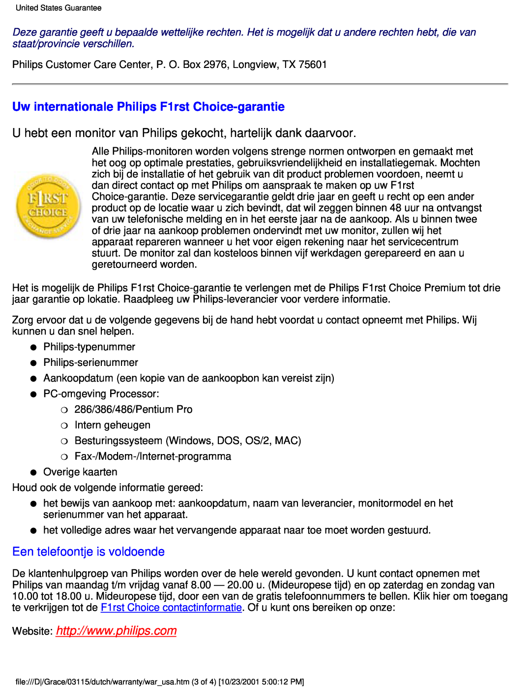 Philips 150P2D user manual Uw internationale Philips F1rst Choice-garantie, Een telefoontje is voldoende 