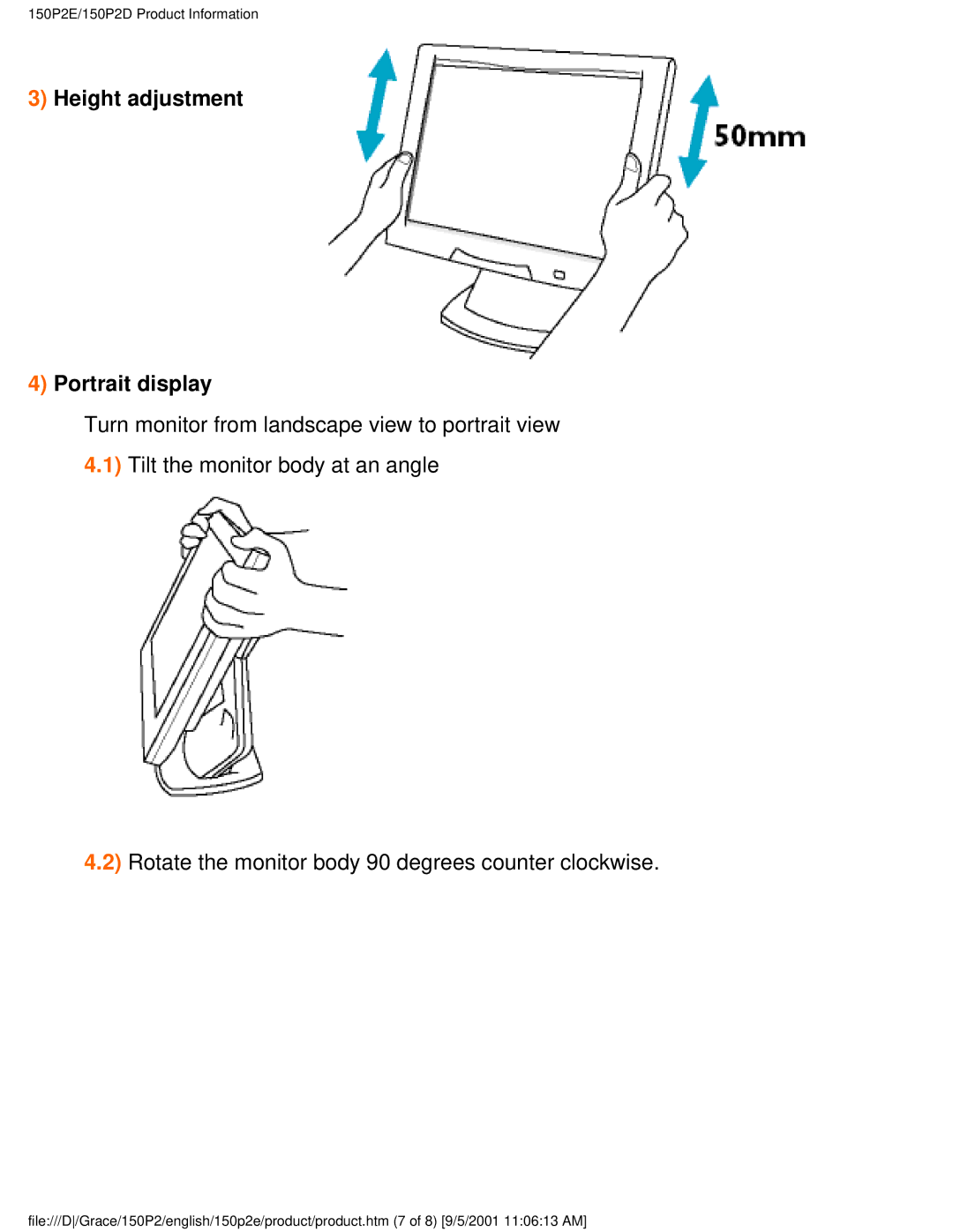 Philips 150P2E user manual Height adjustment Portrait display 