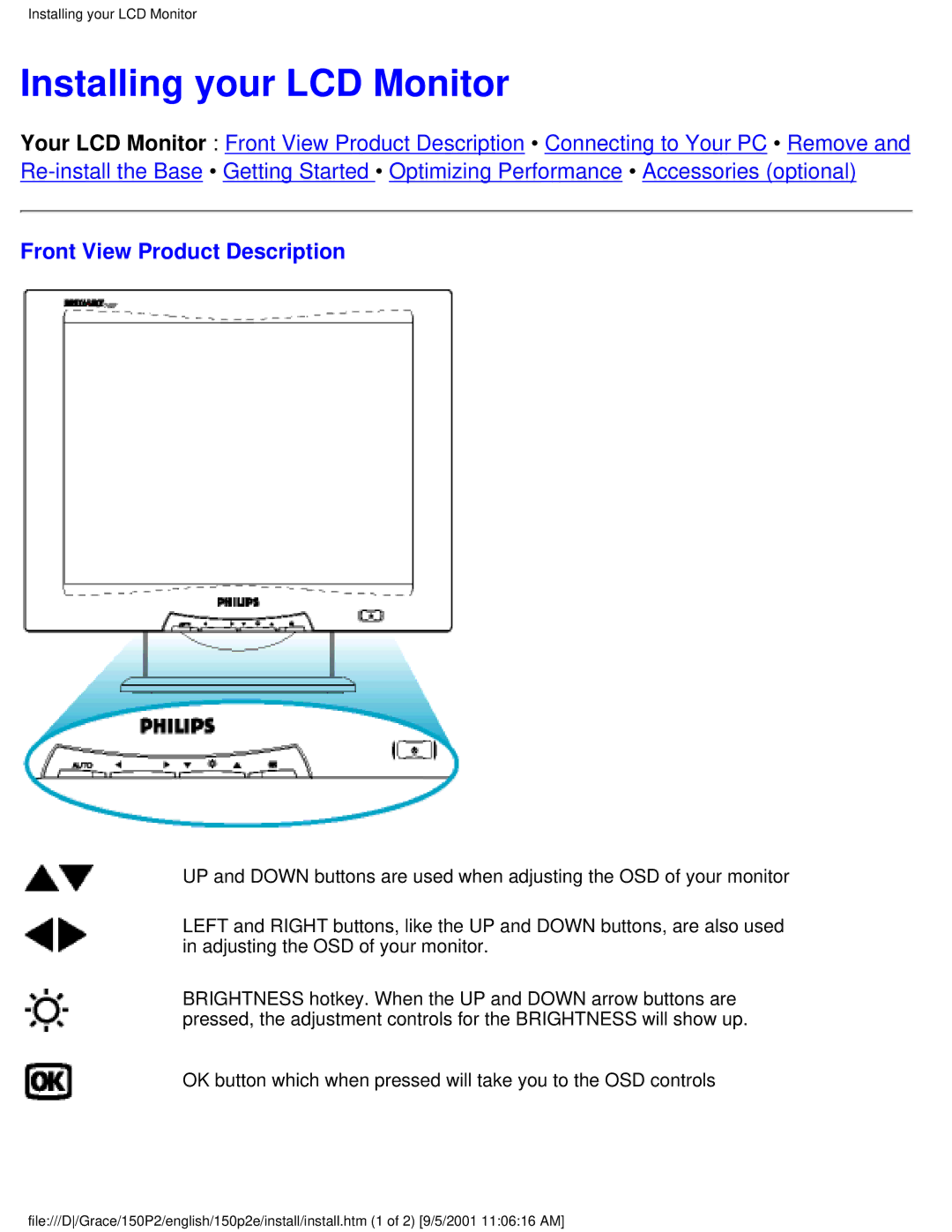 Philips 150P2E user manual Installing your LCD Monitor, Front View Product Description 