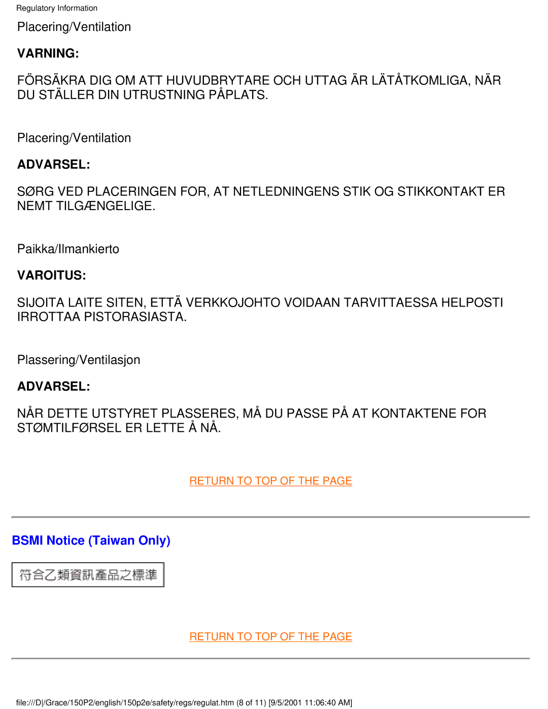 Philips 150P2E user manual Placering/Ventilation, Paikka/Ilmankierto, Plassering/Ventilasjon, Bsmi Notice Taiwan Only 