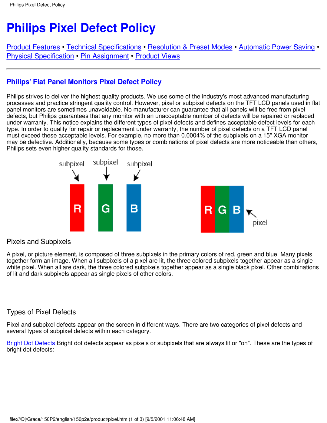 Philips 150P2E user manual Philips Pixel Defect Policy 