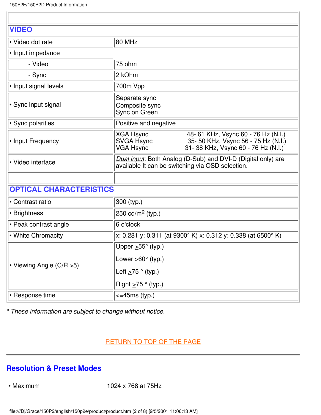 Philips 150P2E user manual Video, Resolution & Preset Modes 