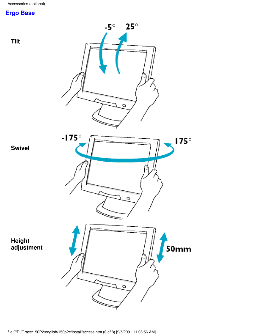 Philips 150P2E user manual Ergo Base, Tilt Swivel Height adjustment 