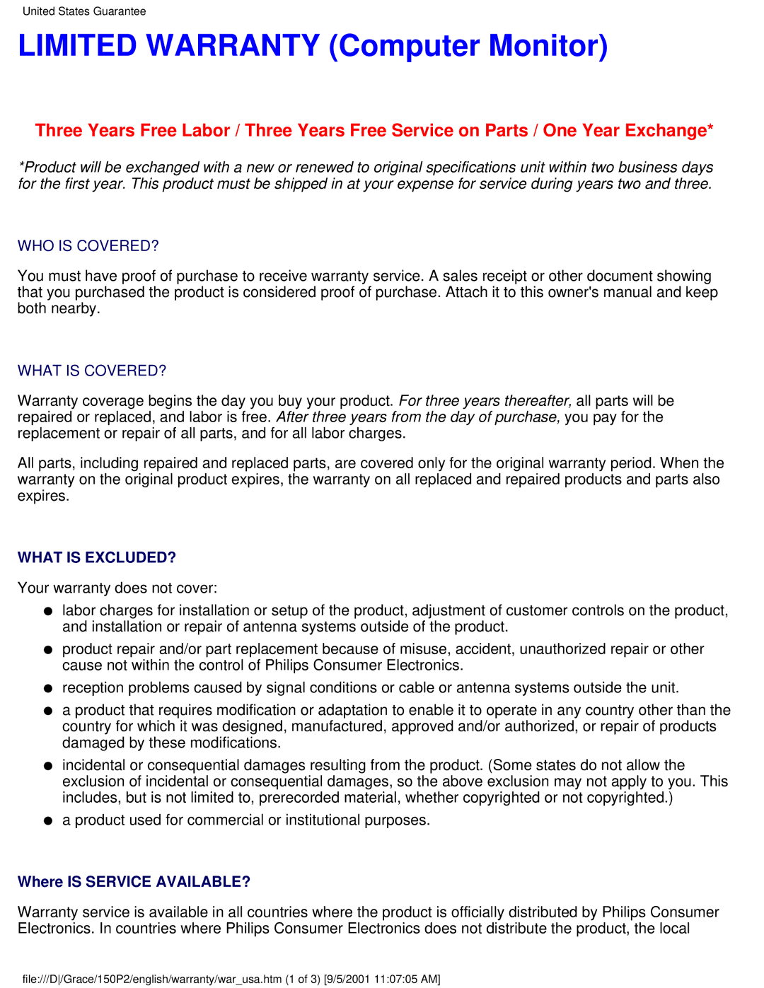 Philips 150P2E user manual Limited Warranty Computer Monitor, WHO is COVERED? What is COVERED? 