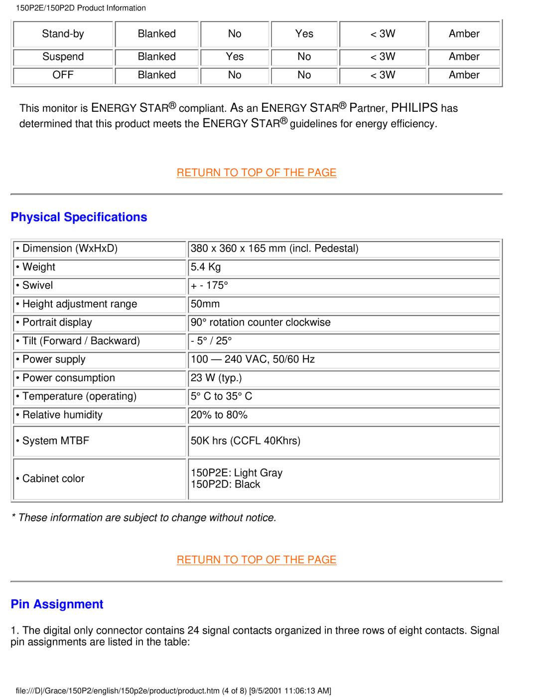 Philips 150P2E user manual Physical Specifications, Pin Assignment 