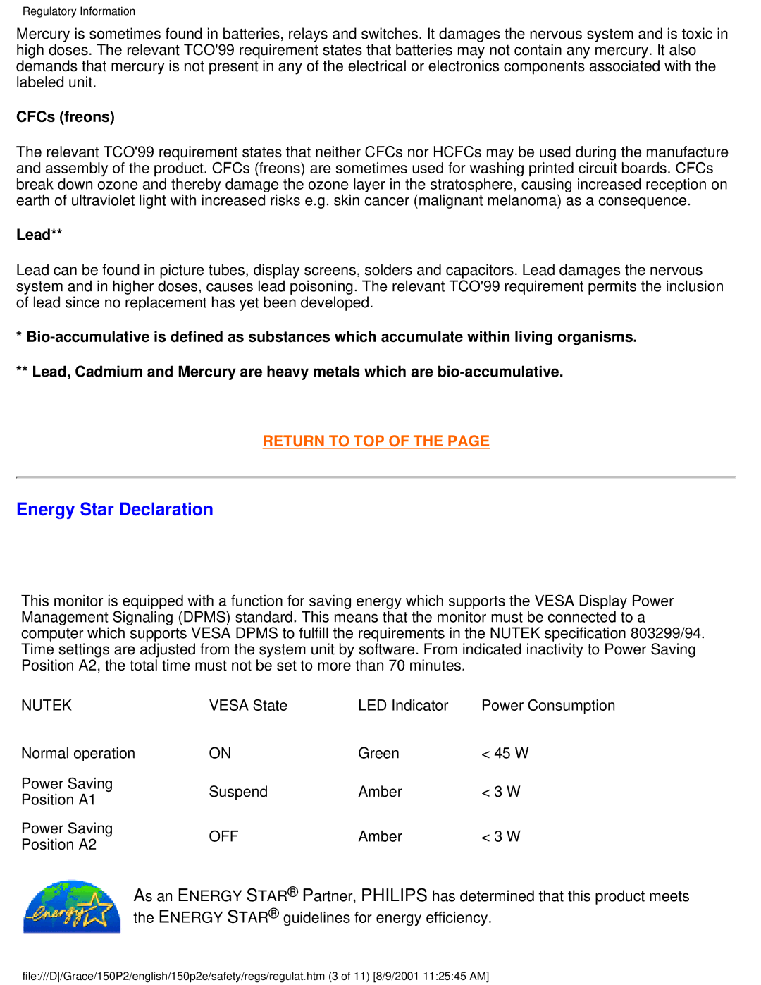 Philips 150P2E/150P2D user manual Energy Star Declaration, CFCs freons 