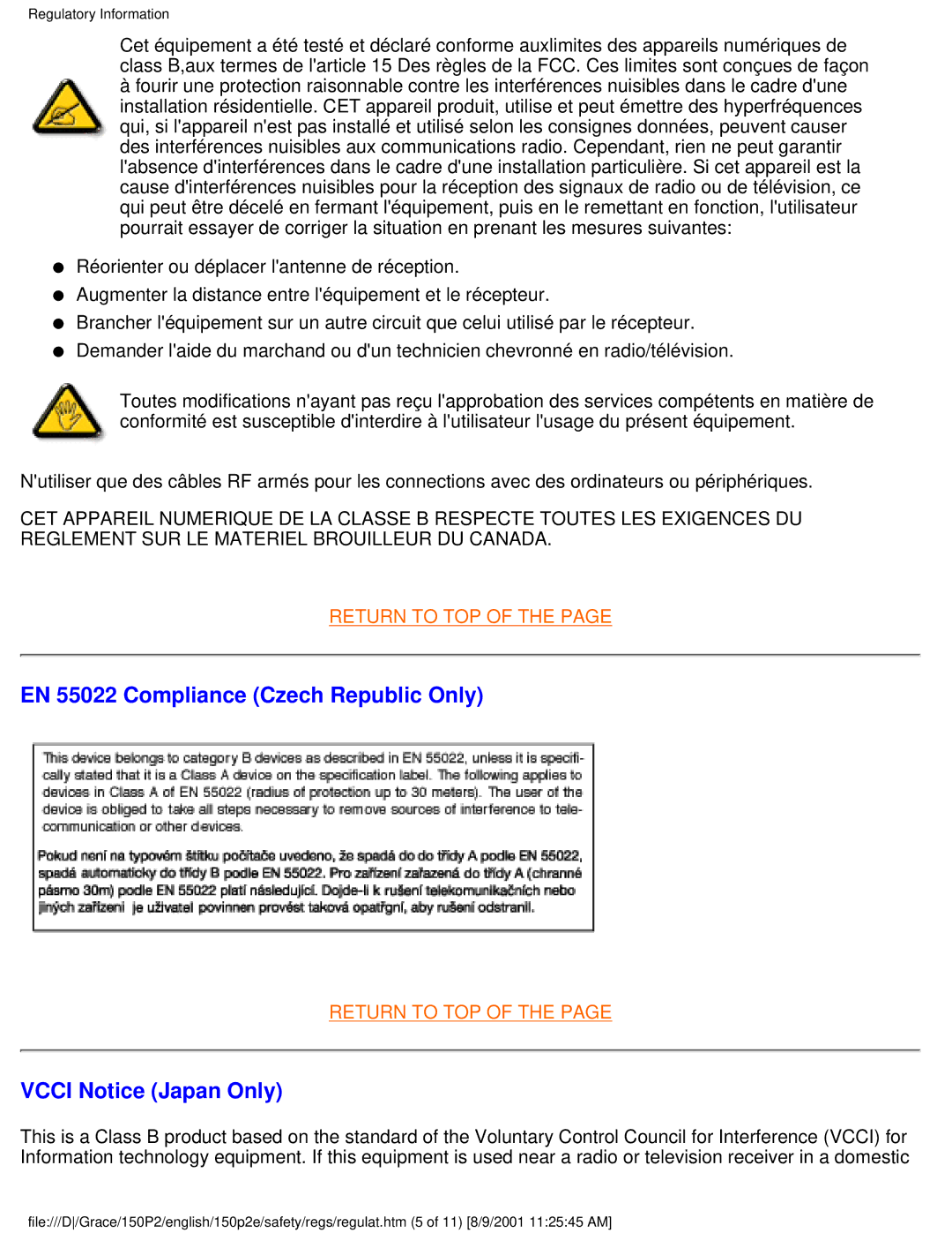 Philips 150P2E/150P2D user manual EN 55022 Compliance Czech Republic Only, Vcci Notice Japan Only 