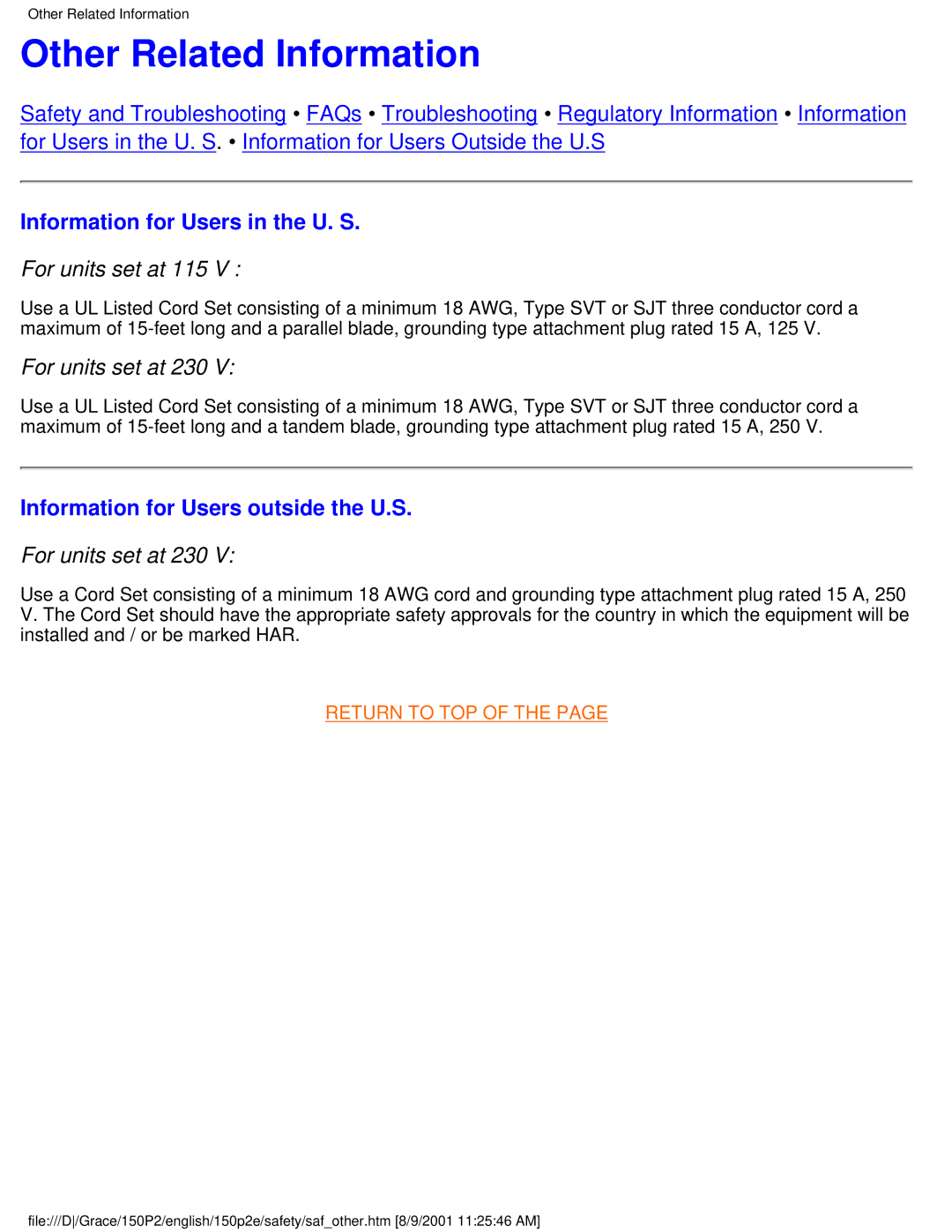 Philips 150P2E/150P2D Other Related Information, Information for Users in the U. S, Information for Users outside the U.S 