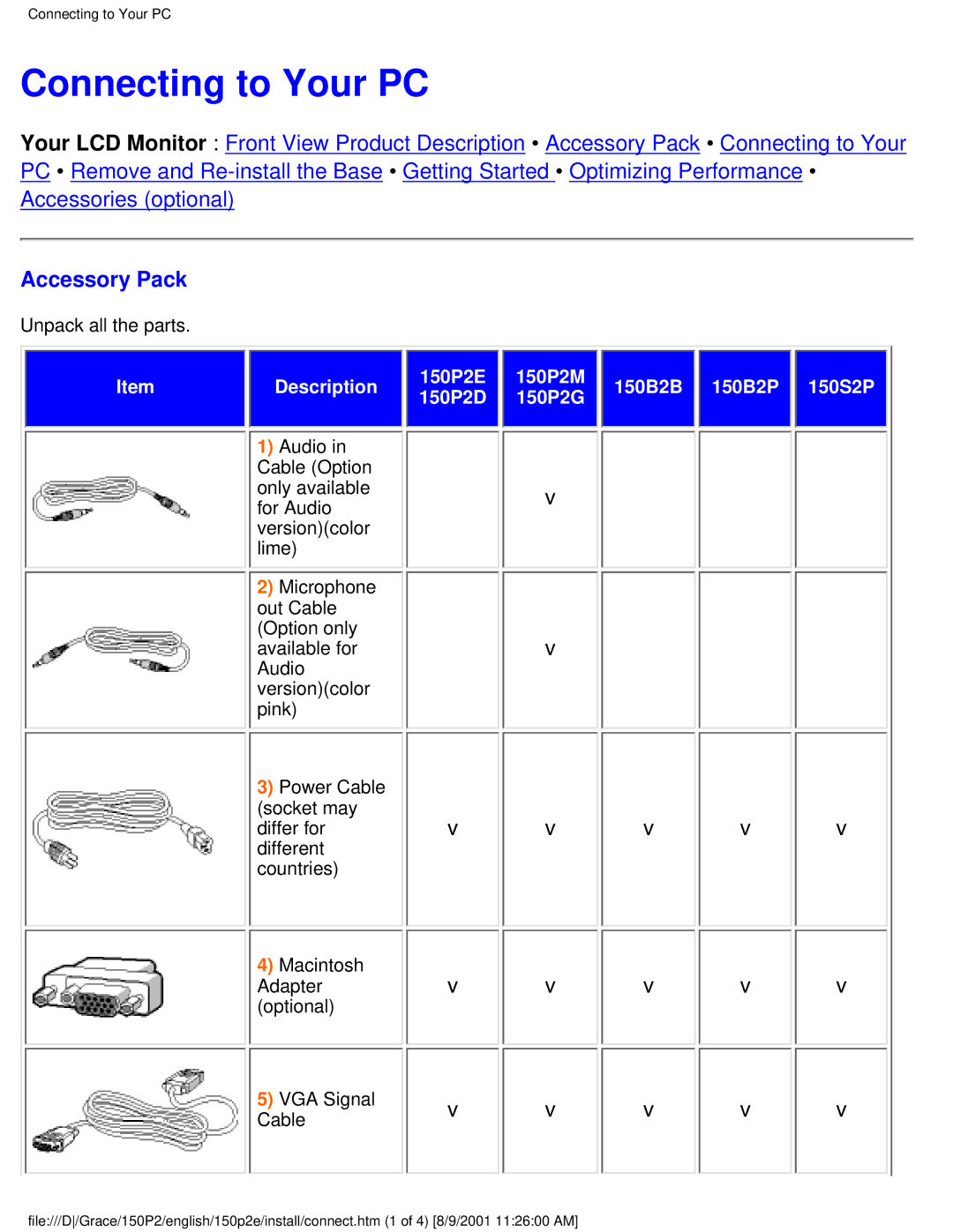 Philips 150P2E/150P2D user manual Connecting to Your PC, Accessory Pack 