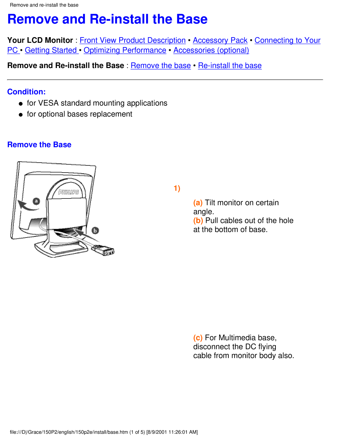 Philips 150P2E/150P2D user manual Remove and Re-install the Base, Condition, Remove the Base 