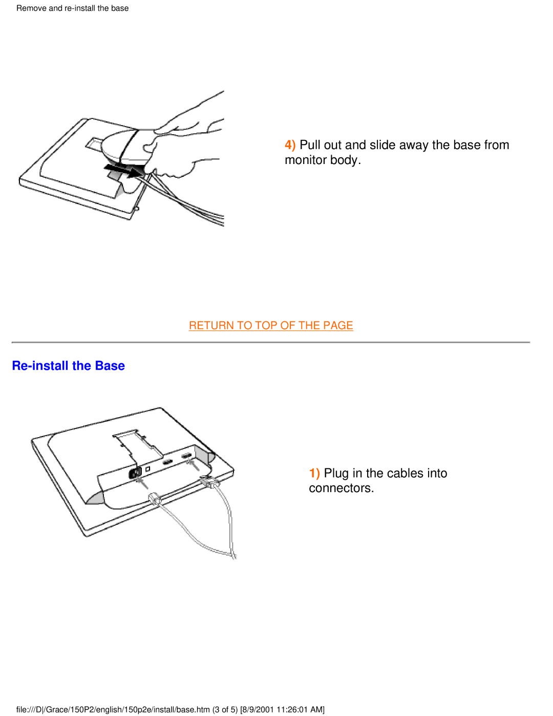 Philips 150P2E/150P2D user manual Pull out and slide away the base from monitor body, Re-install the Base 