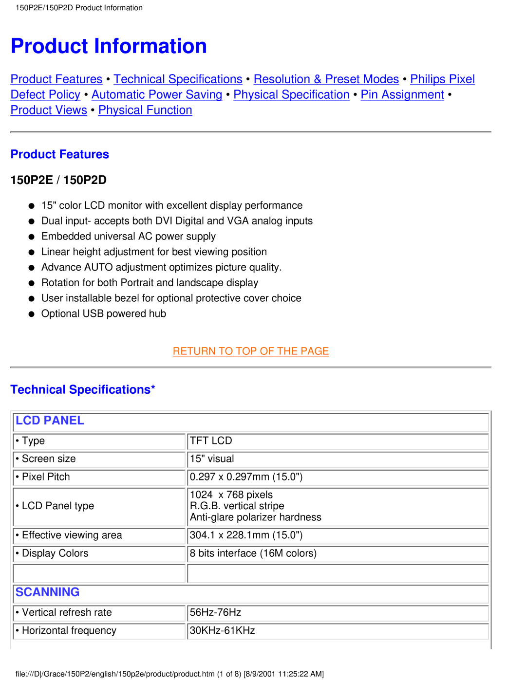 Philips 150P2E/150P2D user manual Product Information, Product Features, Technical Specifications 