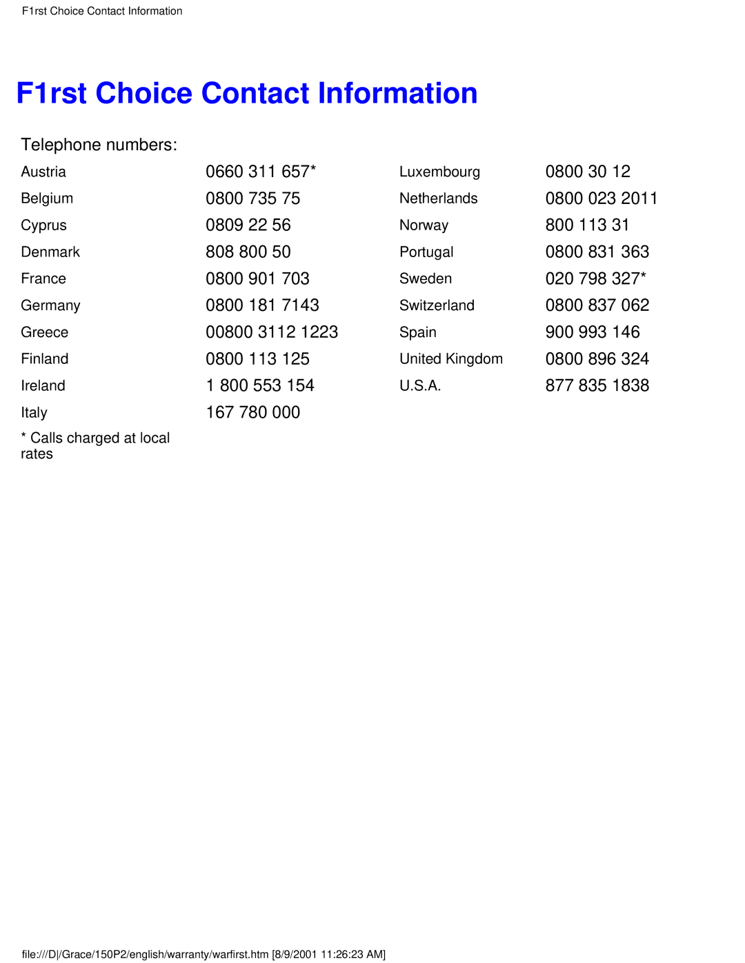 Philips 150P2E/150P2D user manual F1rst Choice Contact Information 