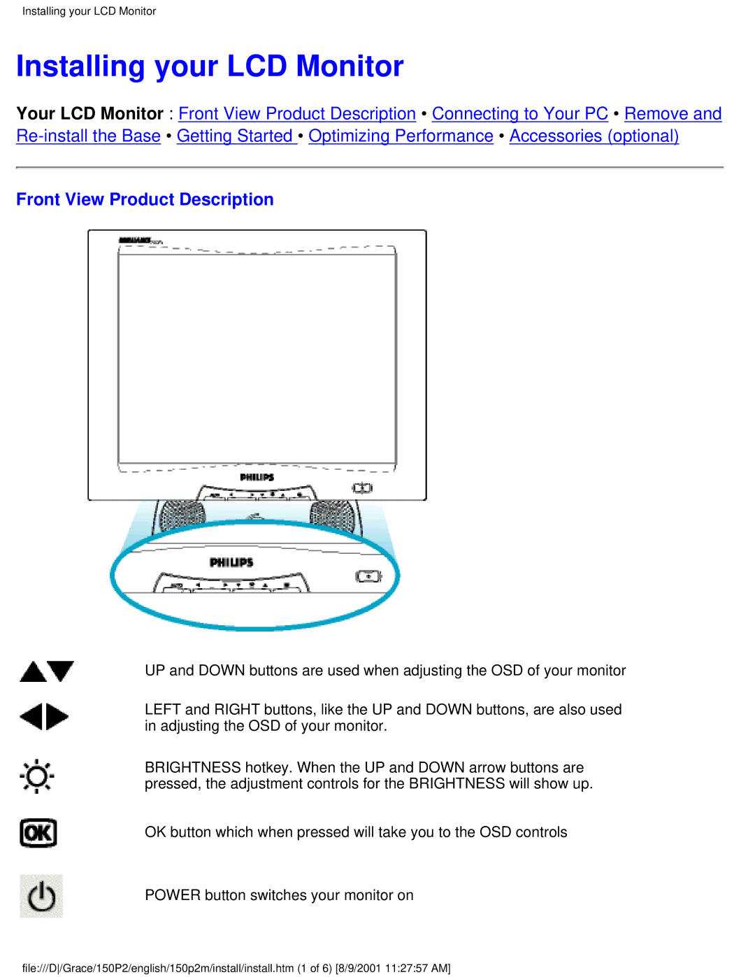 Philips 150P2G user manual Installing your LCD Monitor, Front View Product Description 