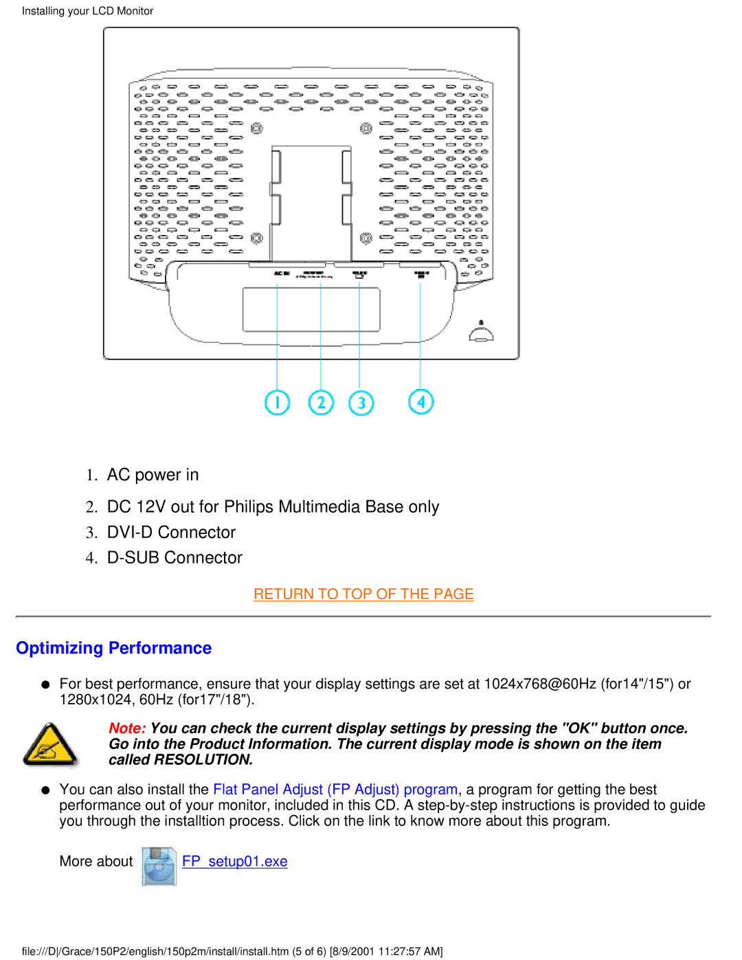 Philips 150P2G user manual Optimizing Performance, More about FPsetup01.exe 