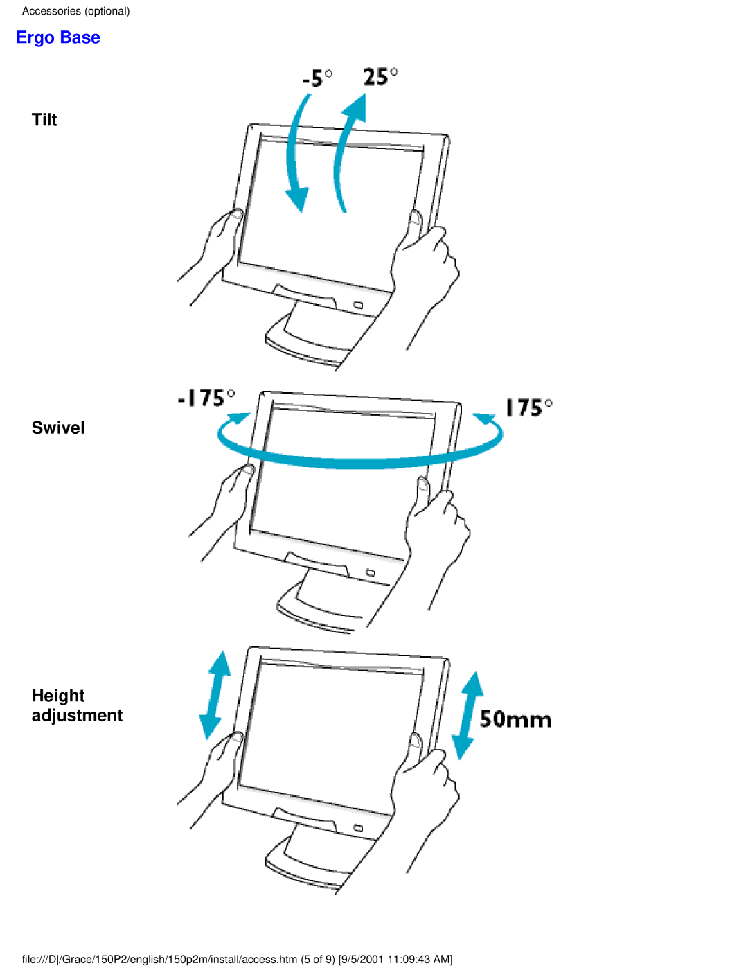 Philips 150P2M user manual Ergo Base, Tilt Swivel Height adjustment 