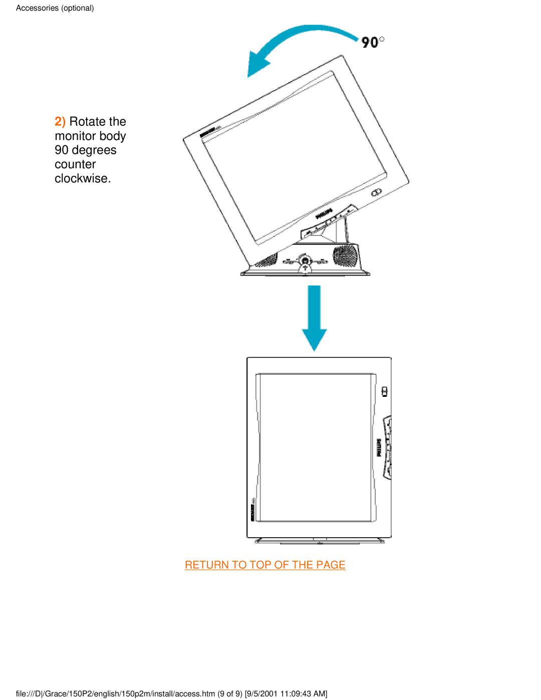 Philips 150P2M user manual Rotate the monitor body 90 degrees counter clockwise 