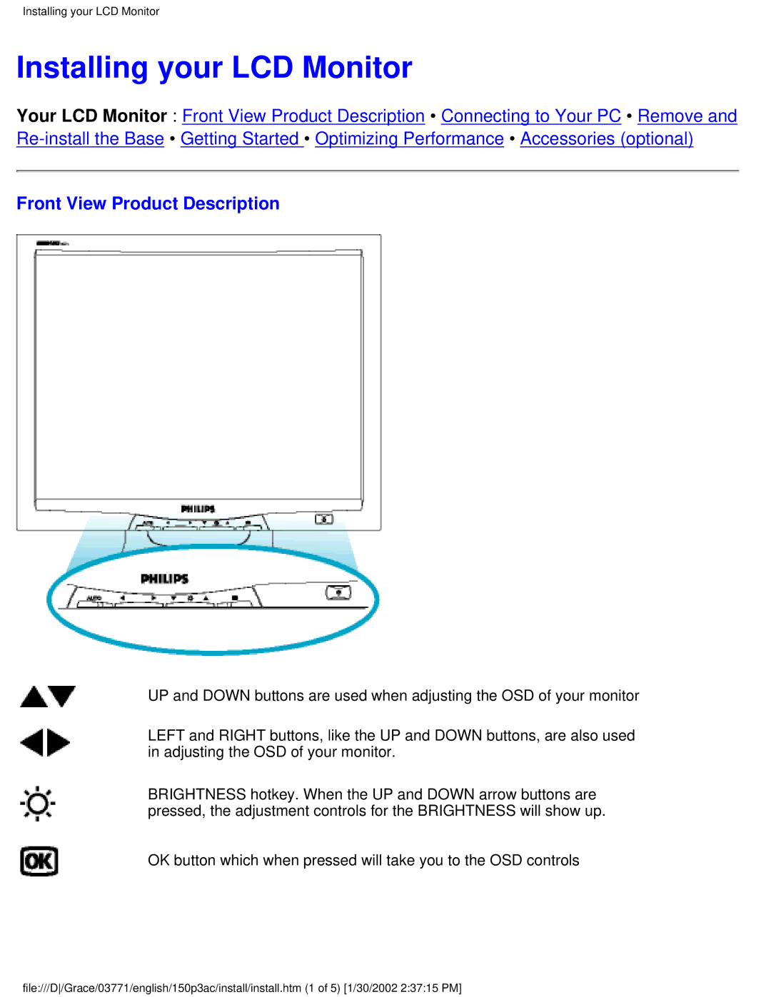 Philips 150P3C user manual Installing your LCD Monitor, Front View Product Description 