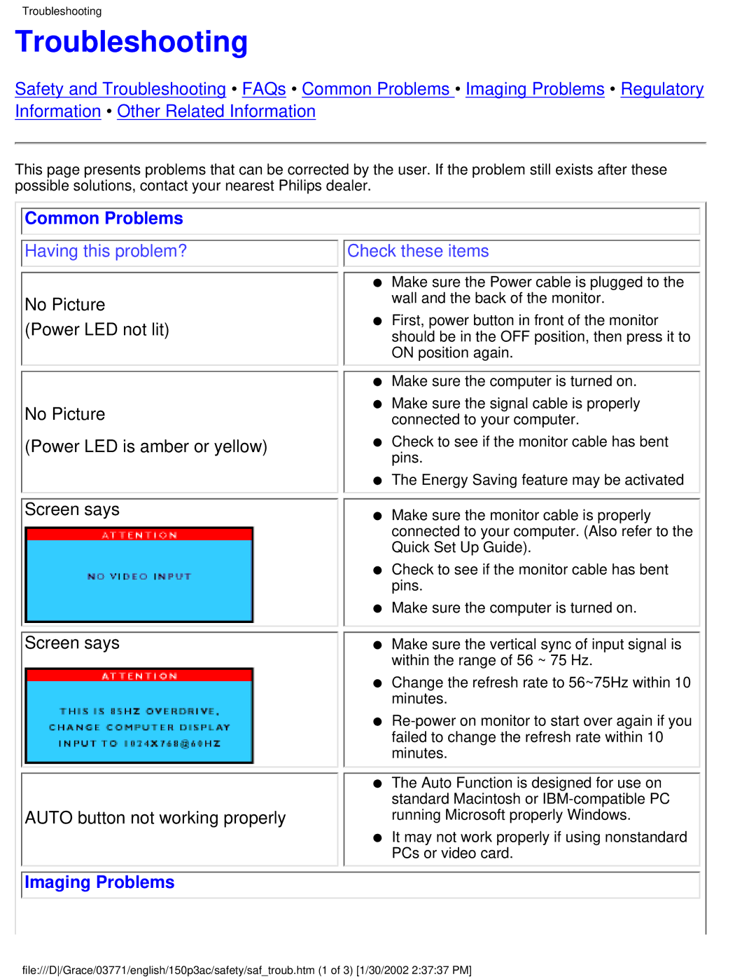Philips 150P3C user manual Troubleshooting, Common Problems, Imaging Problems 
