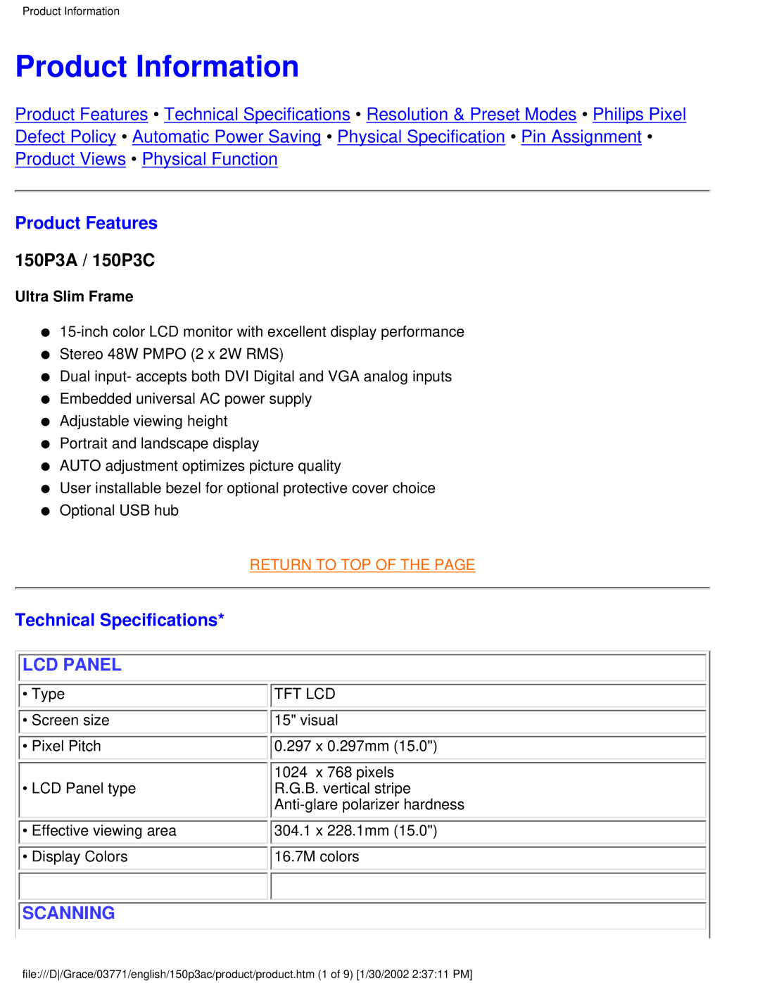 Philips 150P3C user manual Product Information, Product Features, Technical Specifications 