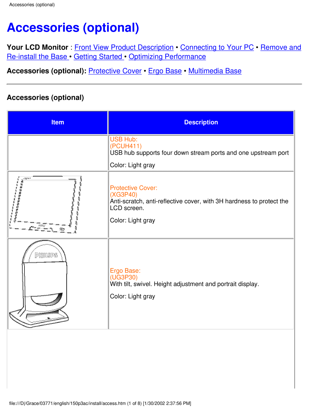 Philips 150P3C user manual Accessories optional 