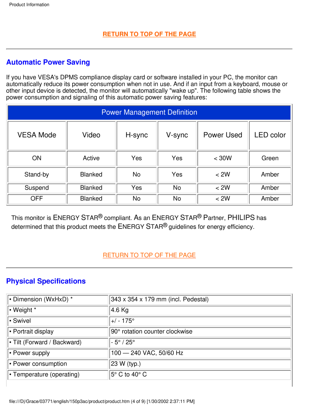 Philips 150P3C user manual Automatic Power Saving, Physical Specifications 