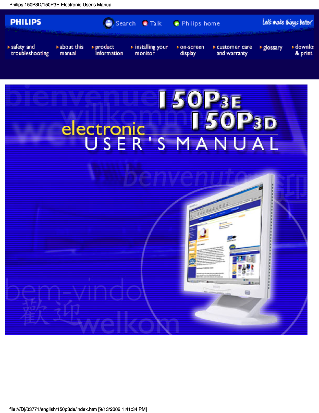 Philips user manual Philips 150P3D/150P3E Electronic Users Manual 