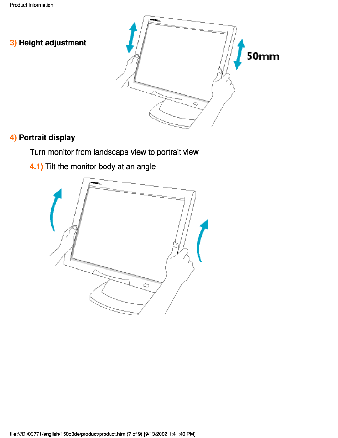 Philips 150P3E user manual Height adjustment 4 Portrait display, Product Information 
