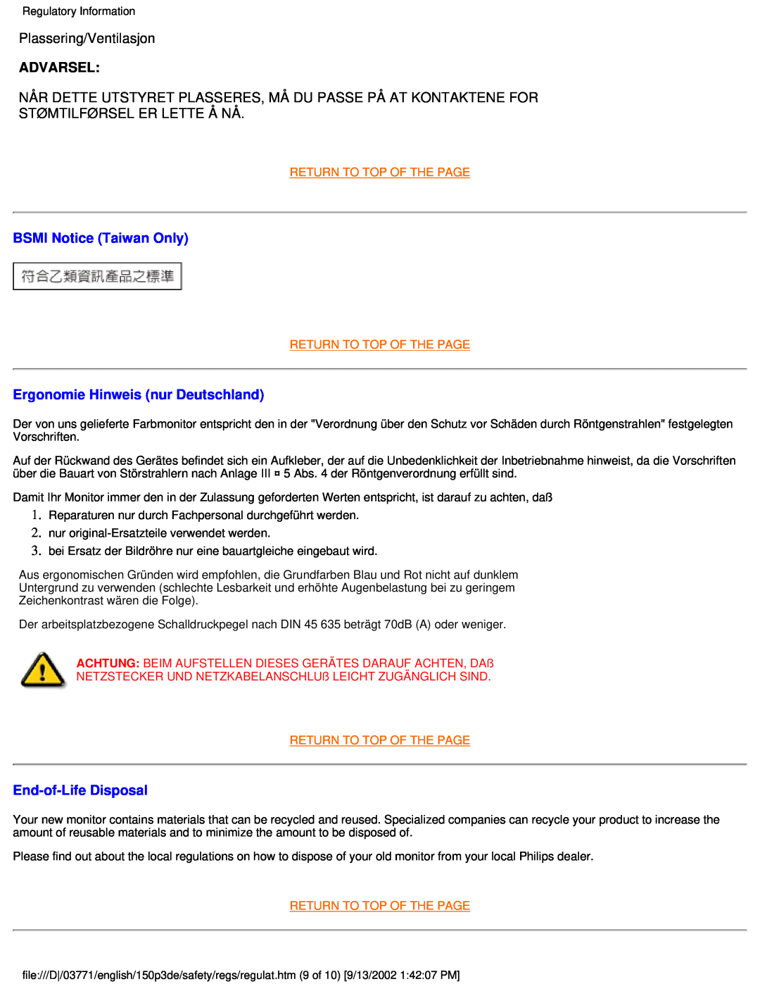 Philips 150P3E user manual Advarsel, BSMI Notice Taiwan Only, Ergonomie Hinweis nur Deutschland, End-of-Life Disposal 