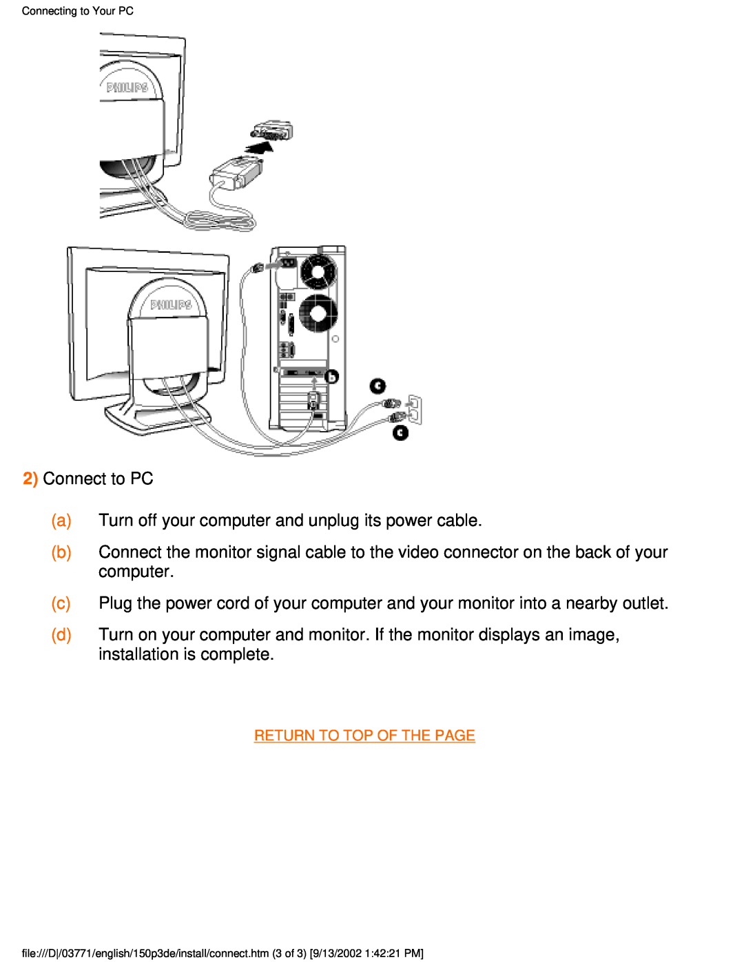 Philips 150P3E user manual Connect to PC a Turn off your computer and unplug its power cable 