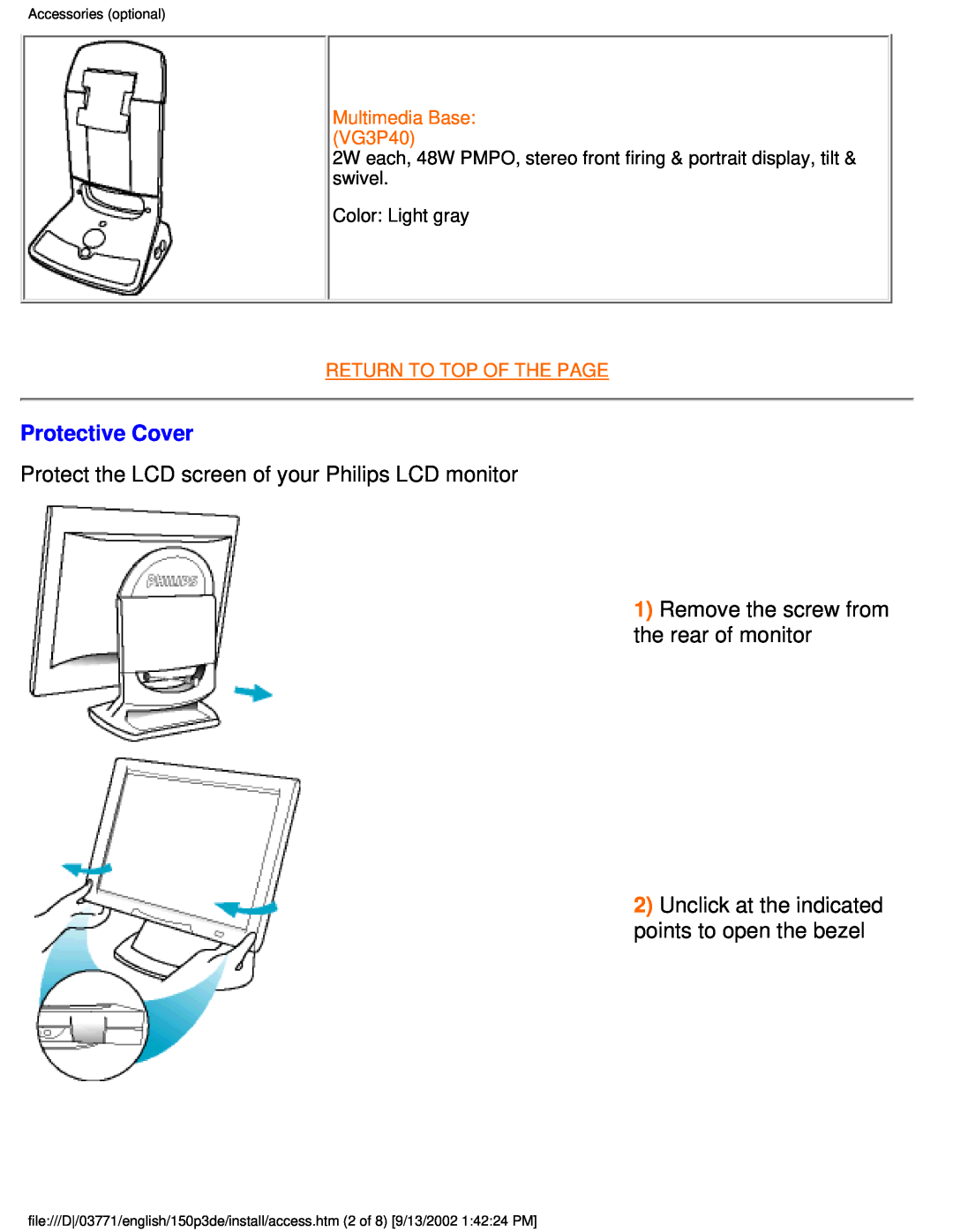 Philips 150P3E user manual Protective Cover, Protect the LCD screen of your Philips LCD monitor, Multimedia Base VG3P40 