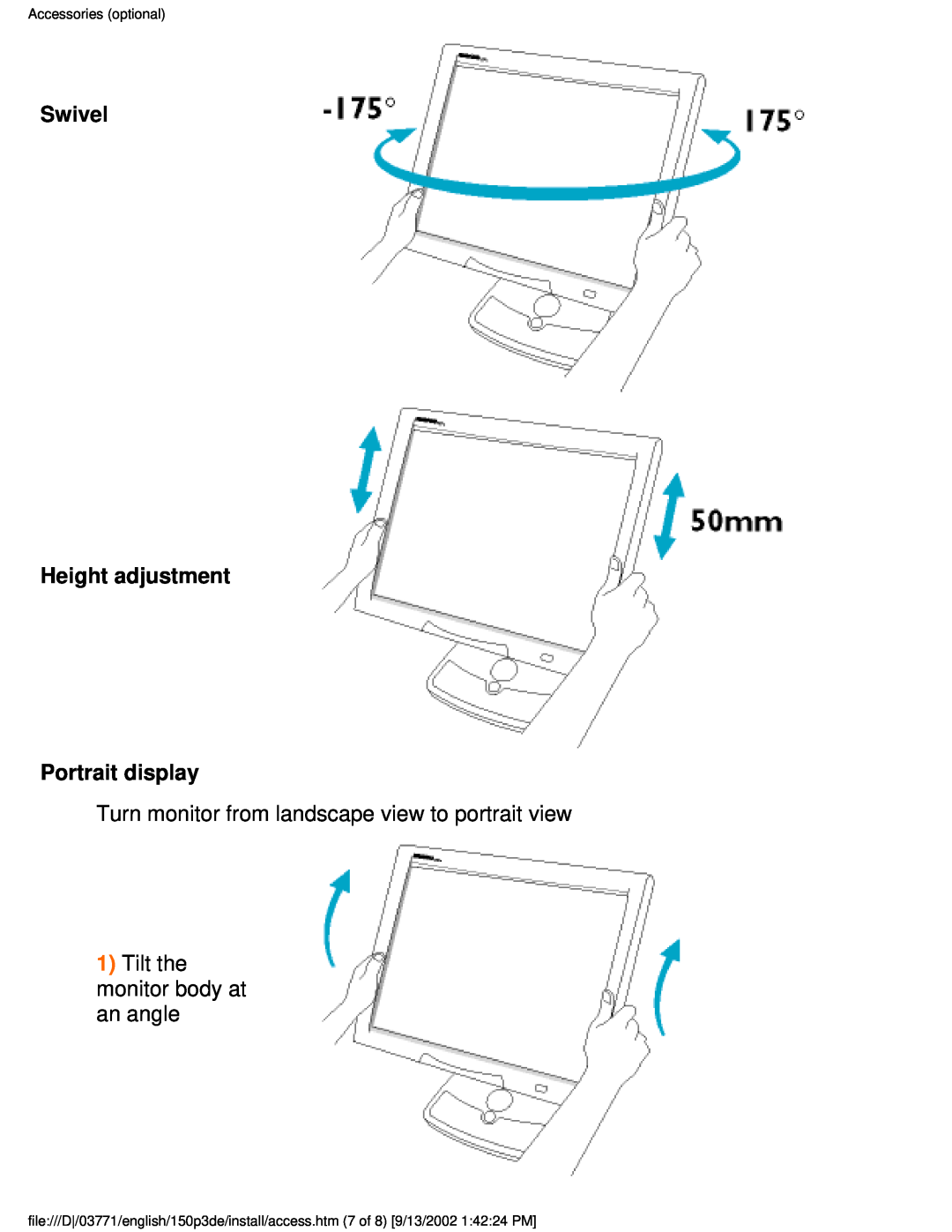 Philips 150P3E user manual Swivel Height adjustment Portrait display, Turn monitor from landscape view to portrait view 
