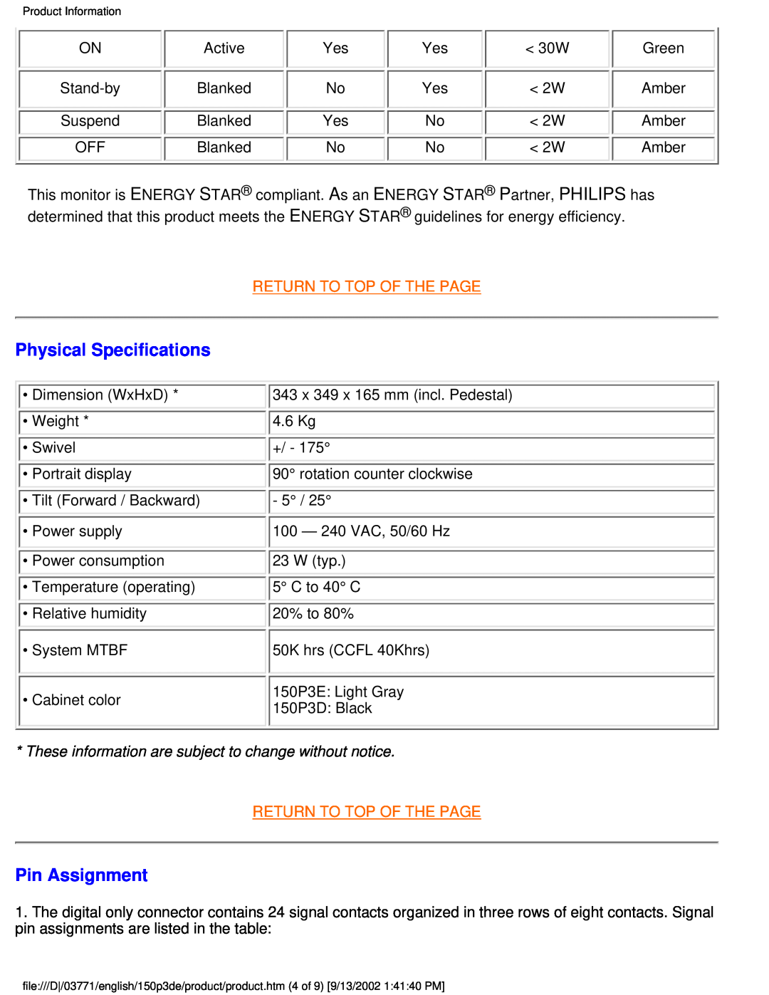 Philips 150P3E user manual Physical Specifications, Pin Assignment, Return To Top Of The Page 