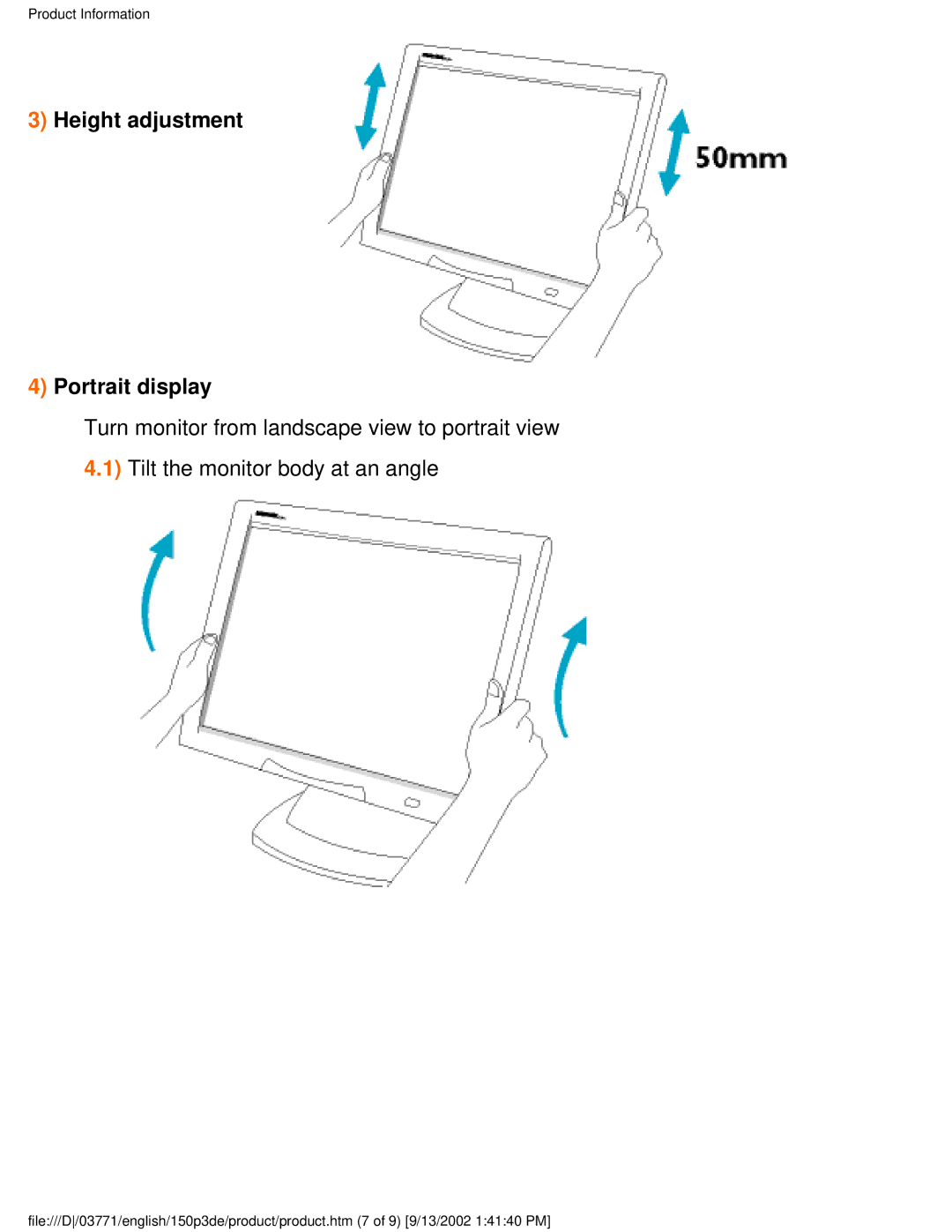 Philips 150P3E user manual Height adjustment Portrait display 