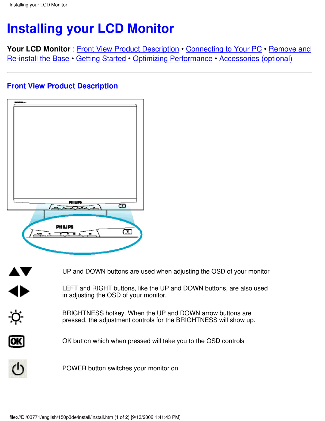 Philips 150P3E user manual Installing your LCD Monitor, Front View Product Description 