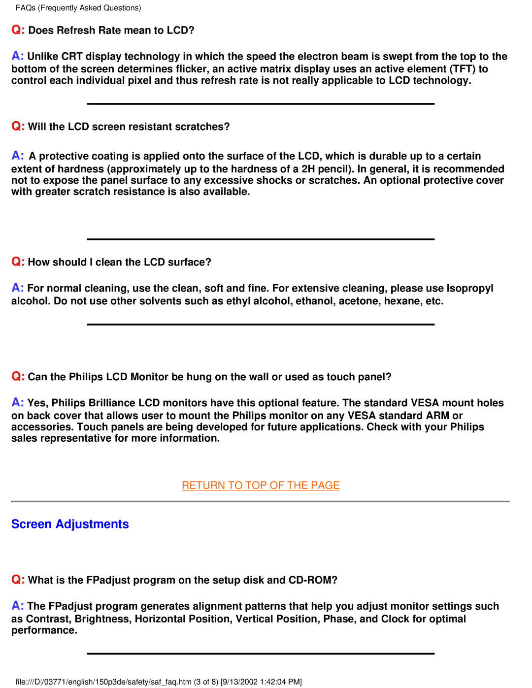 Philips 150P3E user manual Screen Adjustments 