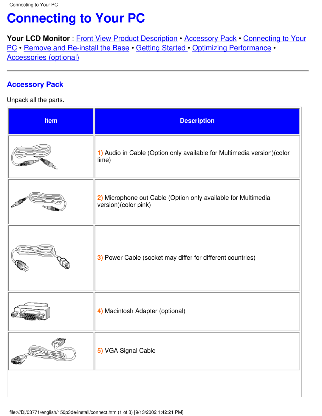 Philips 150P3E user manual Connecting to Your PC, Accessory Pack 