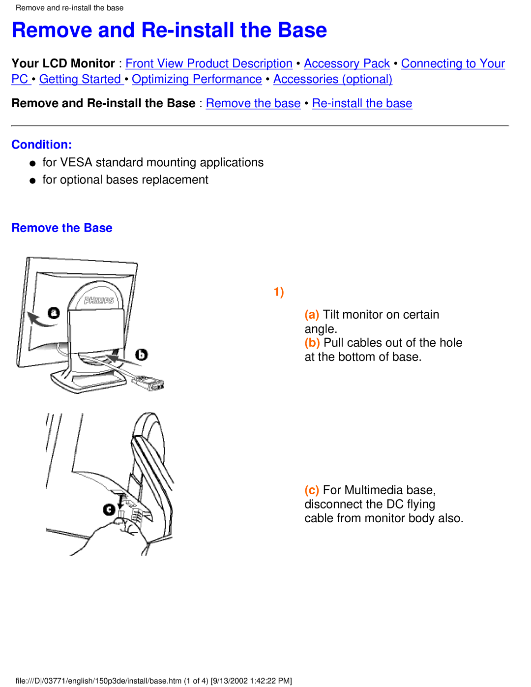 Philips 150P3E user manual Remove and Re-install the Base, Condition, Remove the Base 