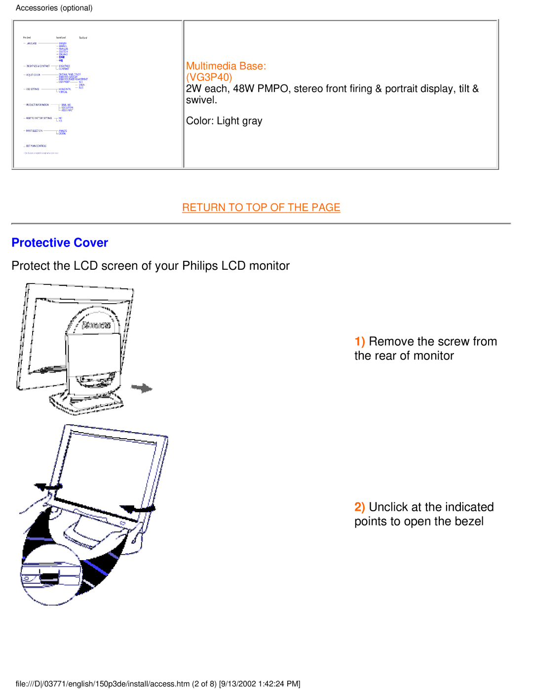 Philips 150P3E user manual Protective Cover 