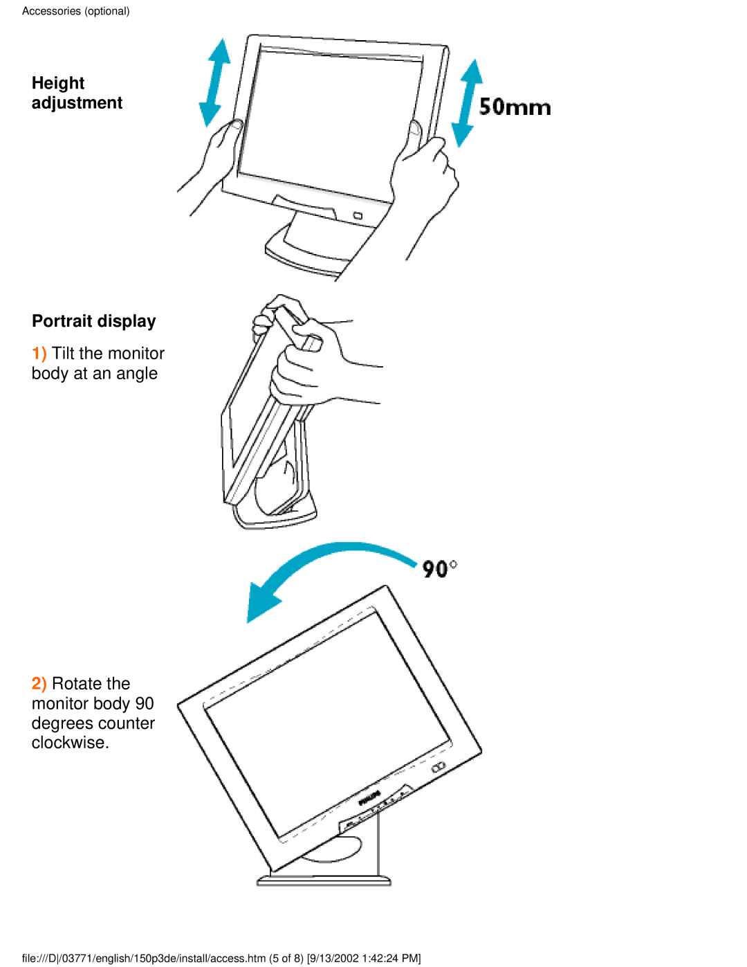 Philips 150P3E user manual Height adjustment Portrait display 